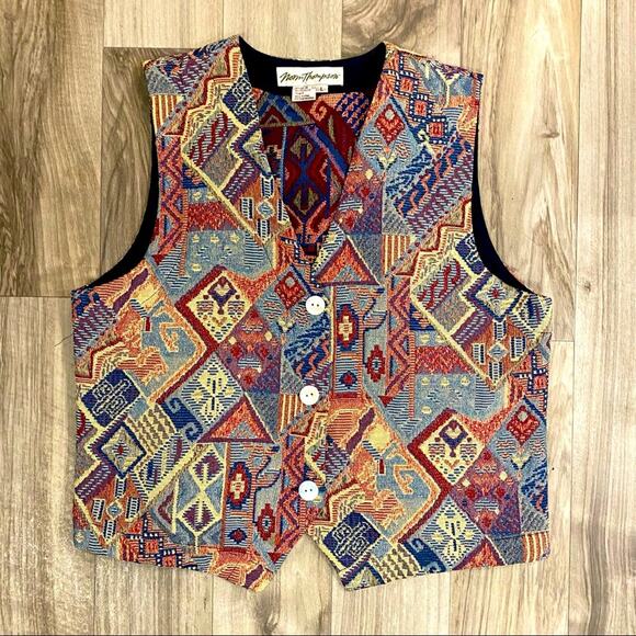 Norm Thompson Women’s L Tapestry Weave MOP Button Front Vest PRISTINE! - Picture 1 of 5